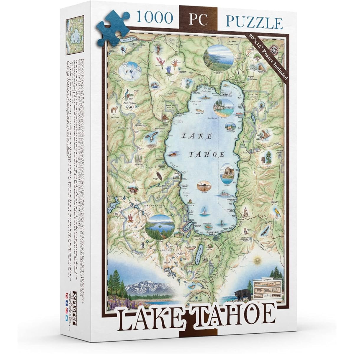 Lake Tahoe Map Cardboard Jigsaw Puzzle - 1000 Piece Hand-Painted - Educational Family Activity for Ages 7 and Up with Poster - 25.4 x 19.8 inches