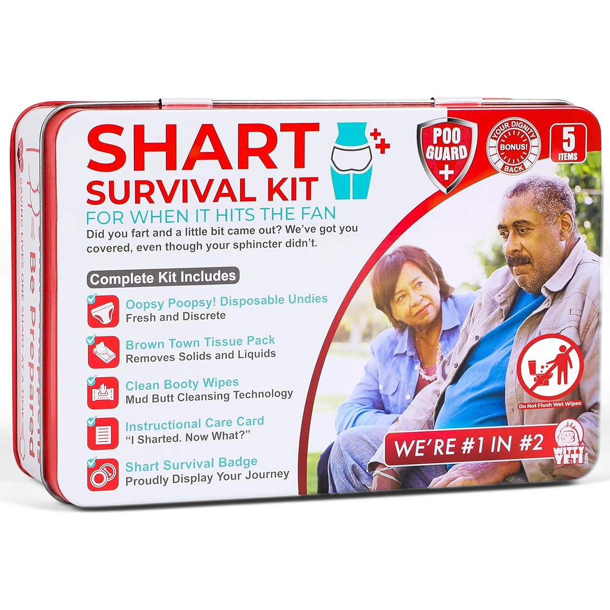 Funny Shart Survival Kit by Witty Yeti. Ultimate Poop Prank Gag Gift Set Contains Wet Wipes, Disposable Underwear, Tissues Hilarious Badge. Novelty Fart Potty Pack Great Friends or Family Multicolor