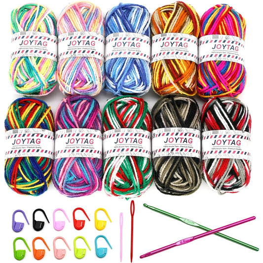 JOYTAG 10 Skeins Acrylic Yarn, Multicolor Crochet Craft Yarn for Crocheting and Knitting with Crochet Hooks, Knitting Needles, Stitch Markers, Crochet Yarn Starter Kit for Beginners (650 Yards/250g)