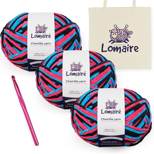 Lomaire Chunky Yarn Blanket Crochet Kit – 3.5lb/900yds Chenille Yarn for Crocheting & Knitting, 8mm Crochet Hooks & Cotton Tote Bag – Knitting & Crochet Supplies