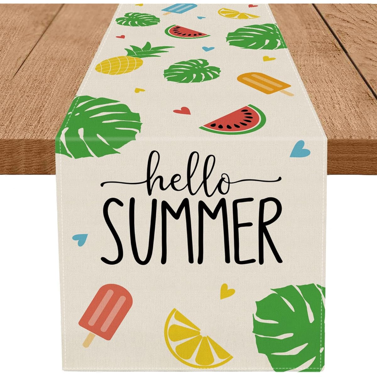 GPGHE Hello Summer Table Runner Popsicle Fruit Leaves Love Heart Table Runner Seasonal Kitchen Dining Table Decoration for Home Party Banquet Decor 13x72inch