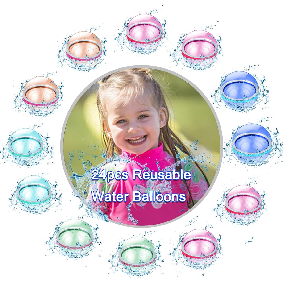 24 Pack Reusable Water Balloons Instant Fill Self Seal for Kids Indoor Outdoor Refillable Magnetic Water Balls Summer Games Party Pool Beach Toys for Girls Boys Christmas Gifts