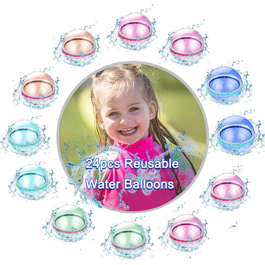 24 Pack Reusable Water Balloons Instant Fill Self Seal for Kids Indoor Outdoor Refillable Magnetic Water Balls Summer Games Party Pool Beach Toys for Girls Boys Christmas Gifts