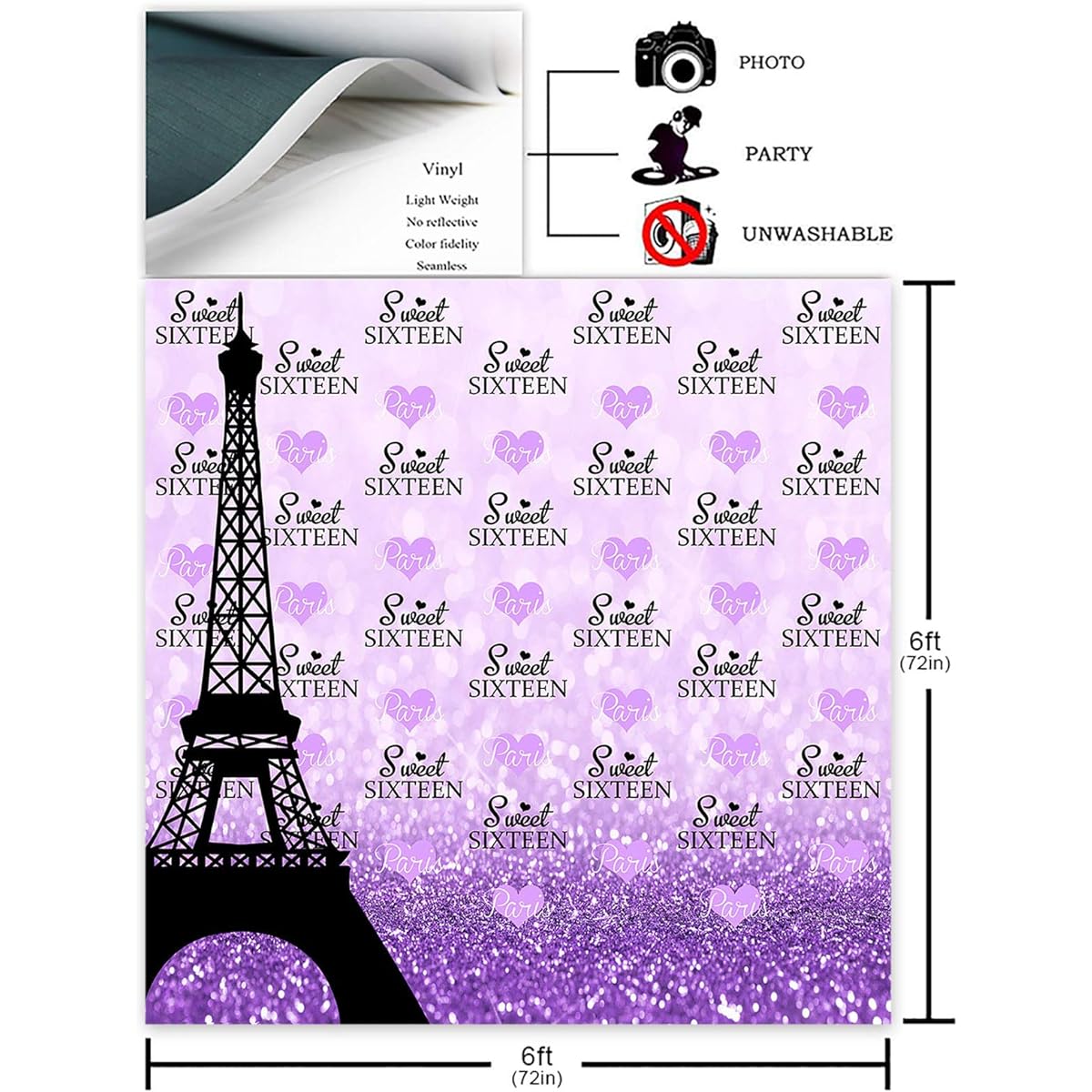 Avezano Paris Purple Party Backdrop for Girls Sweet 16th Birthday Party Decorations Glitter Purple Spot Dots Eiffel Tower Girls Sweet 16th Birthday Party Photo Booth Photo Shoot Backdrop (6x6ft)