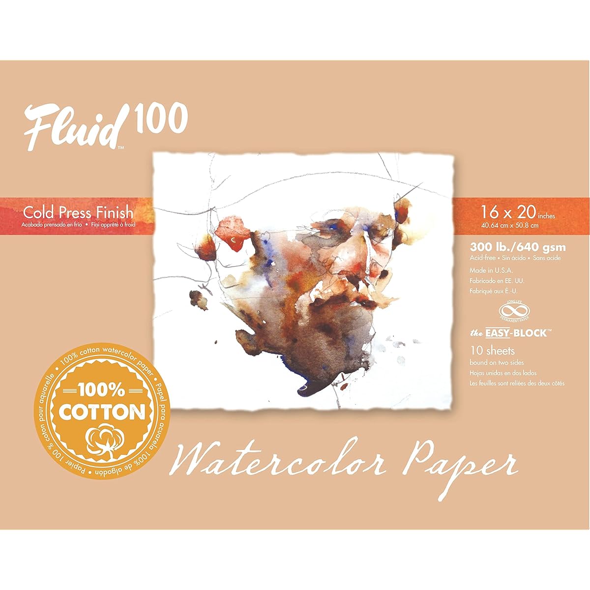 Fluid 100 Artist Watercolor Blocks, 300lb (640GSM) 100% Cotton Cold Press Pads for Watercolor and Wet Media with Easy Block Binding, 16x20 Inch, 10 Sheets