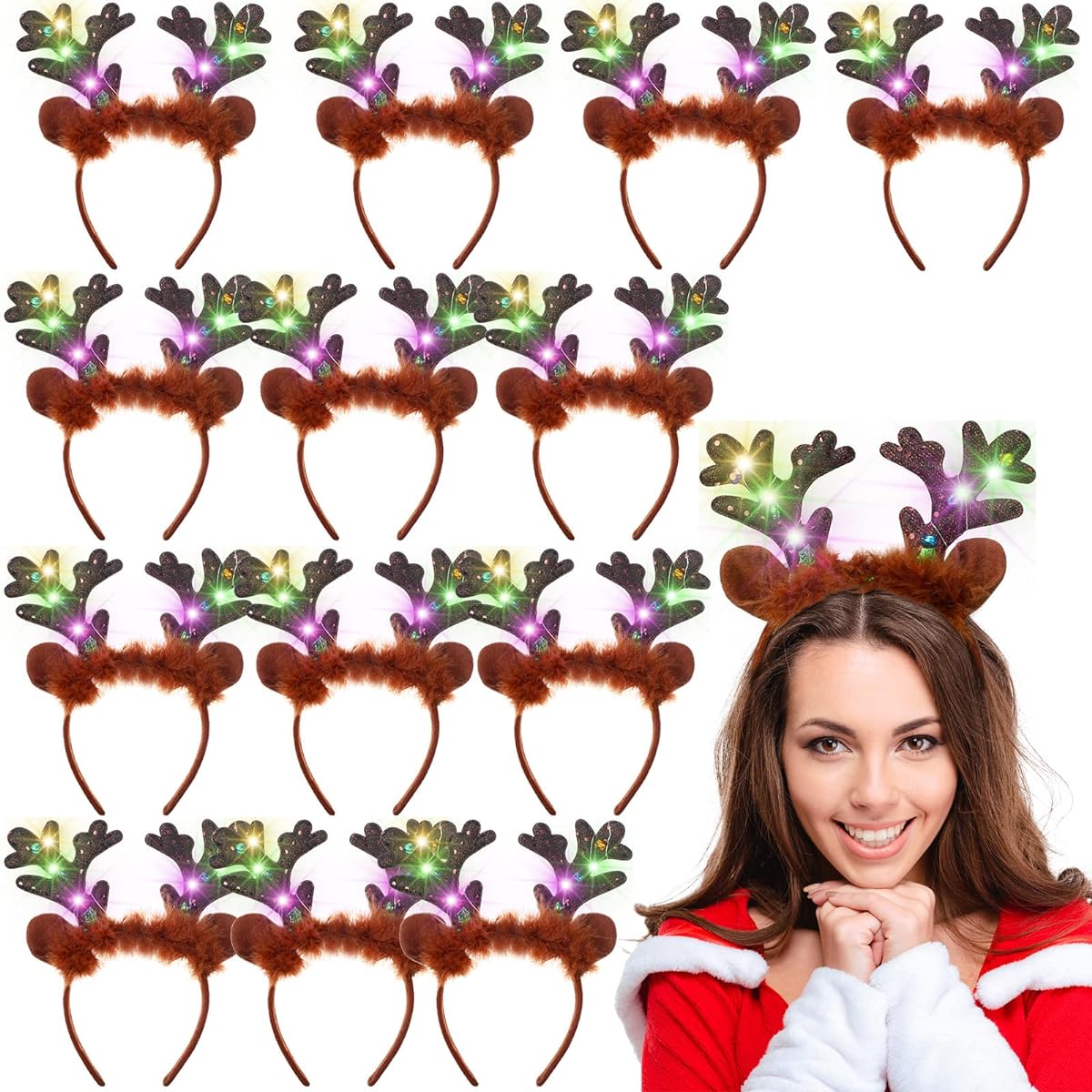 Reindeer Headband Party Pack LED Light Up Christmas Reindeer Antlers Headband with Ears Glowing Brown Reindeer Hair Hoop Accessories Bulk Purchase for Kids Adults Women Christmas Holiday Party Supplies 16 Pieces