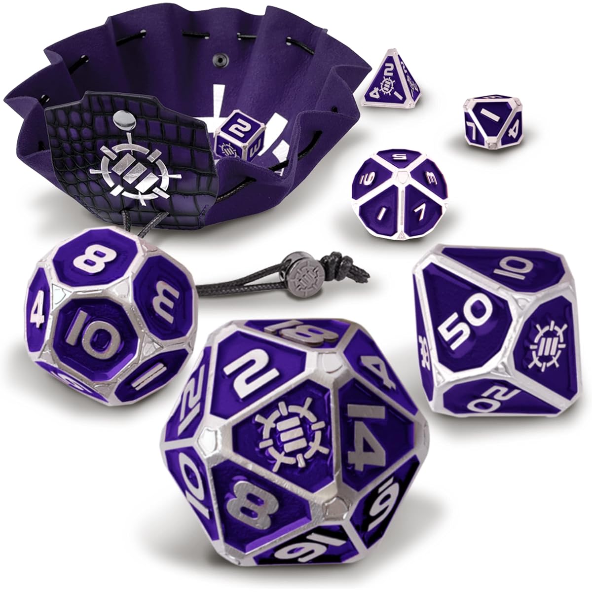 ENHANCE DnD Metal Dice Set - 7 Polyhedral Dice with 2-in-1 Vegan Leather Dice Bag and Dice Tray, Solid Metal D&D Dice Set for Dungeons & Dragons, Pathfinder and Other RPGs (Collector's Edition Purple)