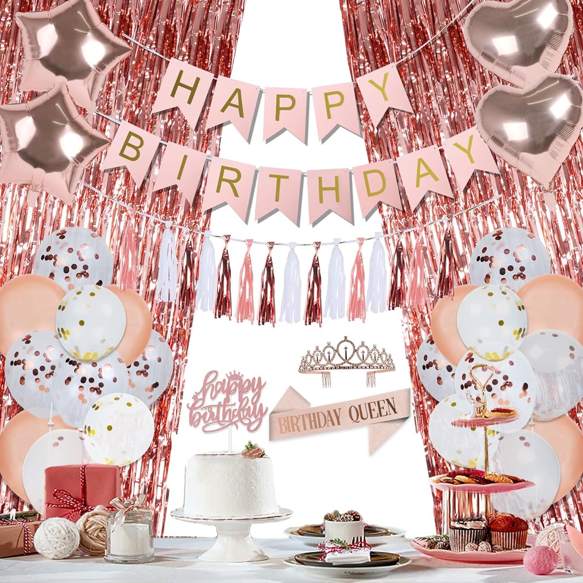 Quesen Rose Gold Birthday Decorations for Women - Birthday Party Supplies Happy Birthday Banner, Queen Sash, Crown, Cake Topper, Balloons, Pink Birthday Party Decorations Favors for Women Girls Kids Baby