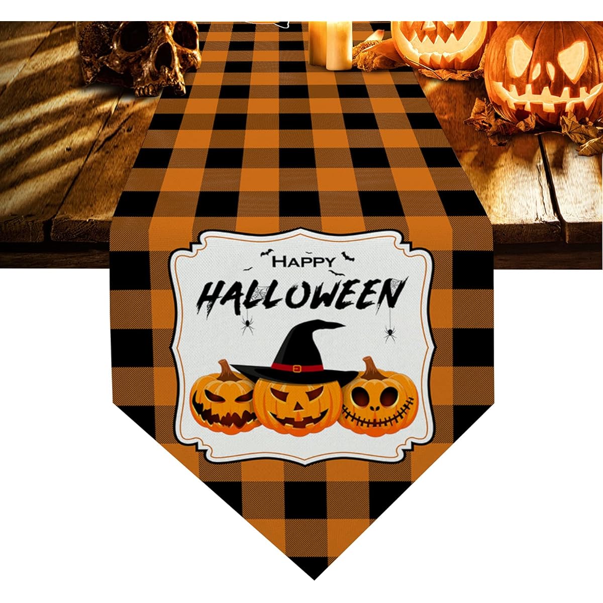 Halloween Table Runner Cotton Linen Pumpkin Witch Hat Anti-Slip Fall Holiday Table Decoration for Kitchen Home Dining Outdoor 14 x 72 inches Length Movie Night Orange Black Buffalo Check
