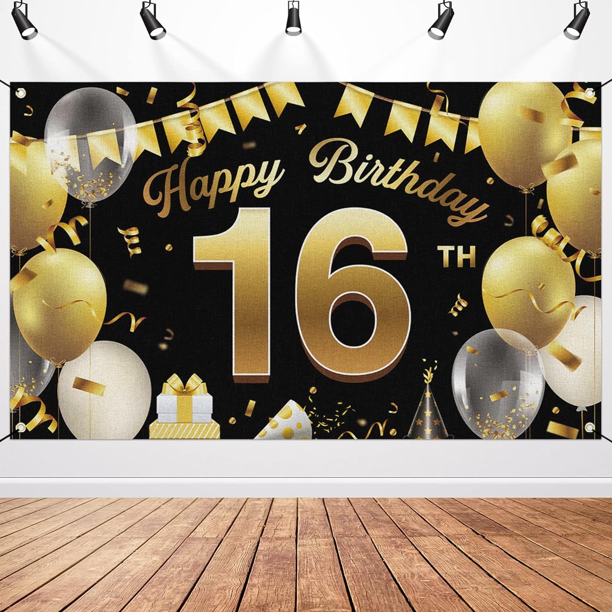 Happy 16th Birthday Banner Background Sign Extra Large Gold Black Birthday Party Supplies Decoration Indoor/Outdoor Backdrop/Photo Booth Props 71x43 Inch