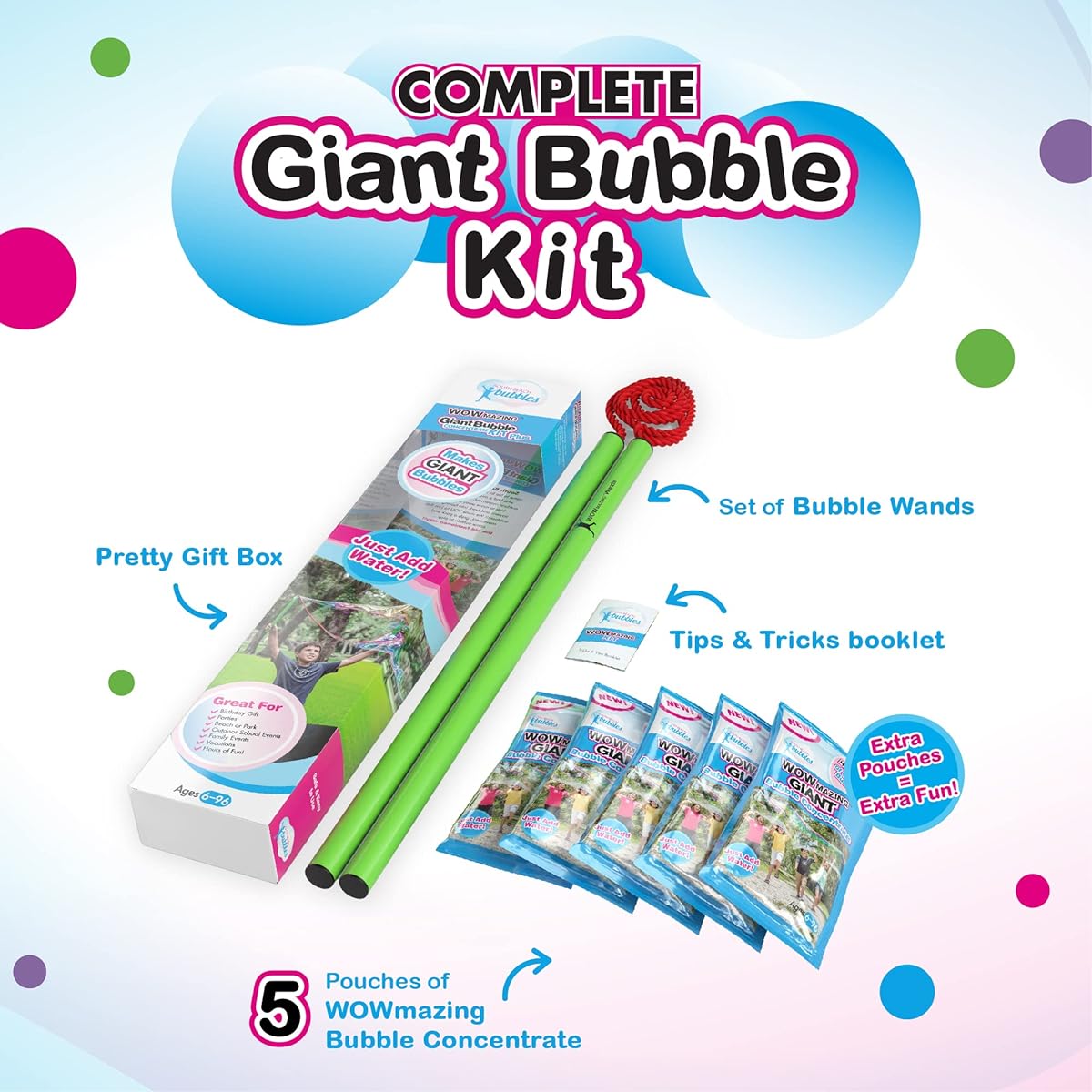 WOWMAZING Giant Bubbles Kit Plus - Great Value - Big Bubbles kit Including Big Bubble Wand and Giant Bubble Solution Concentrate (Makes 1.5 Gallon of Large Bubbles)