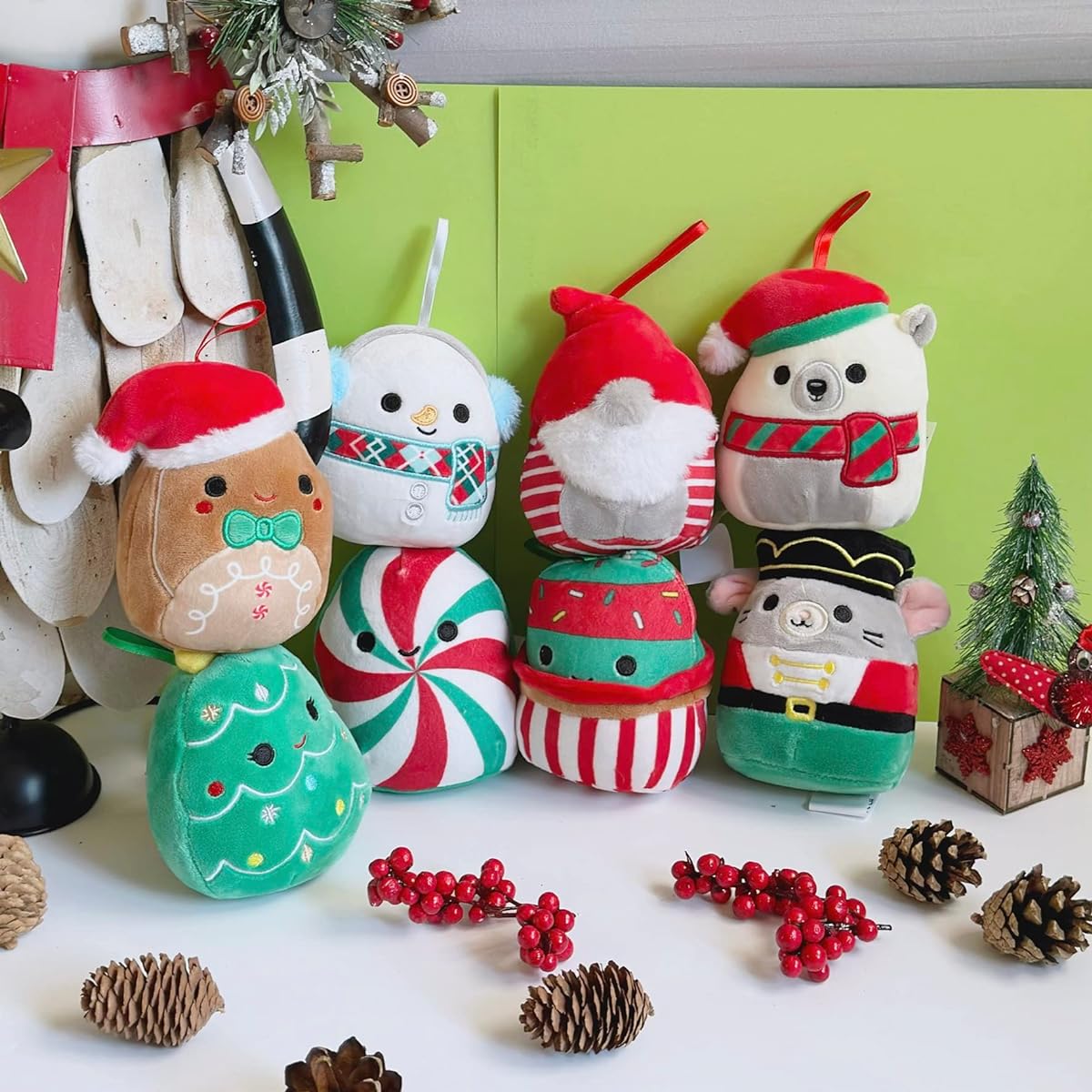 Holiday Ornament Set - 8 Pack 4" Soft and Furry Plush Toys with 2 Stickers (Classic Collection)