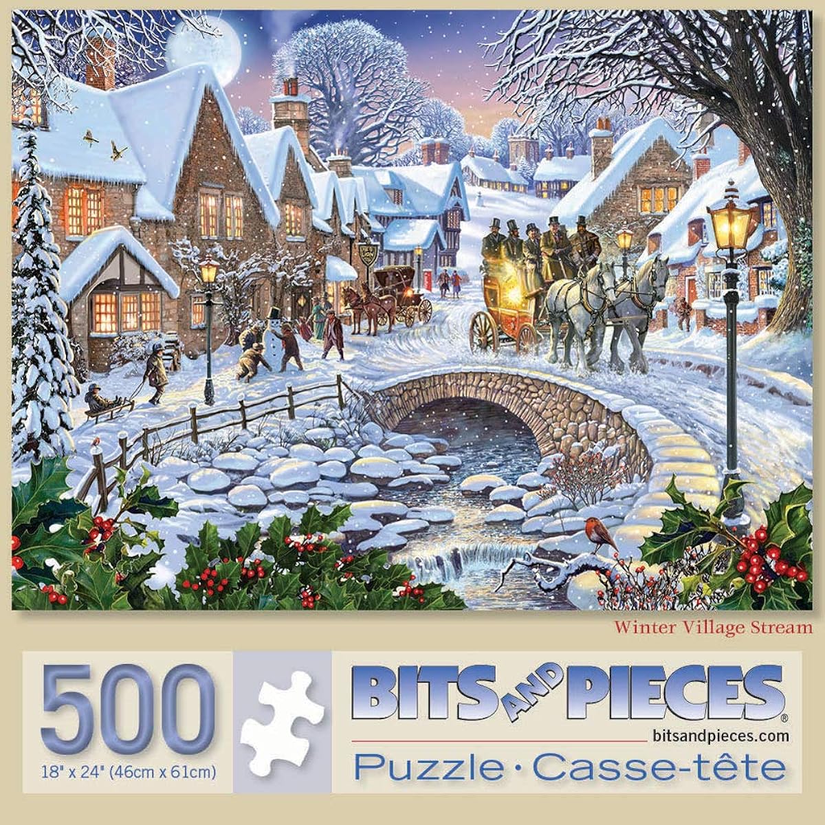 Bits and Pieces Jigsaw Puzzle 500 Pieces for Adults 18" x 24" Winter Village Stream 500 Piece Holiday Seasonal Snowy Town Square Cobblestone Bridge Artist Steve Crisp
