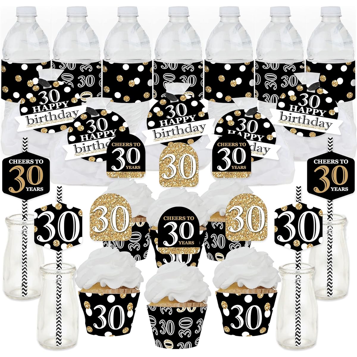 Big Dot of Happiness Adult 30th Birthday - Gold - Birthday Party Favors and Cupcake Kit - Amazing Favors Party Pack - 100 Pieces