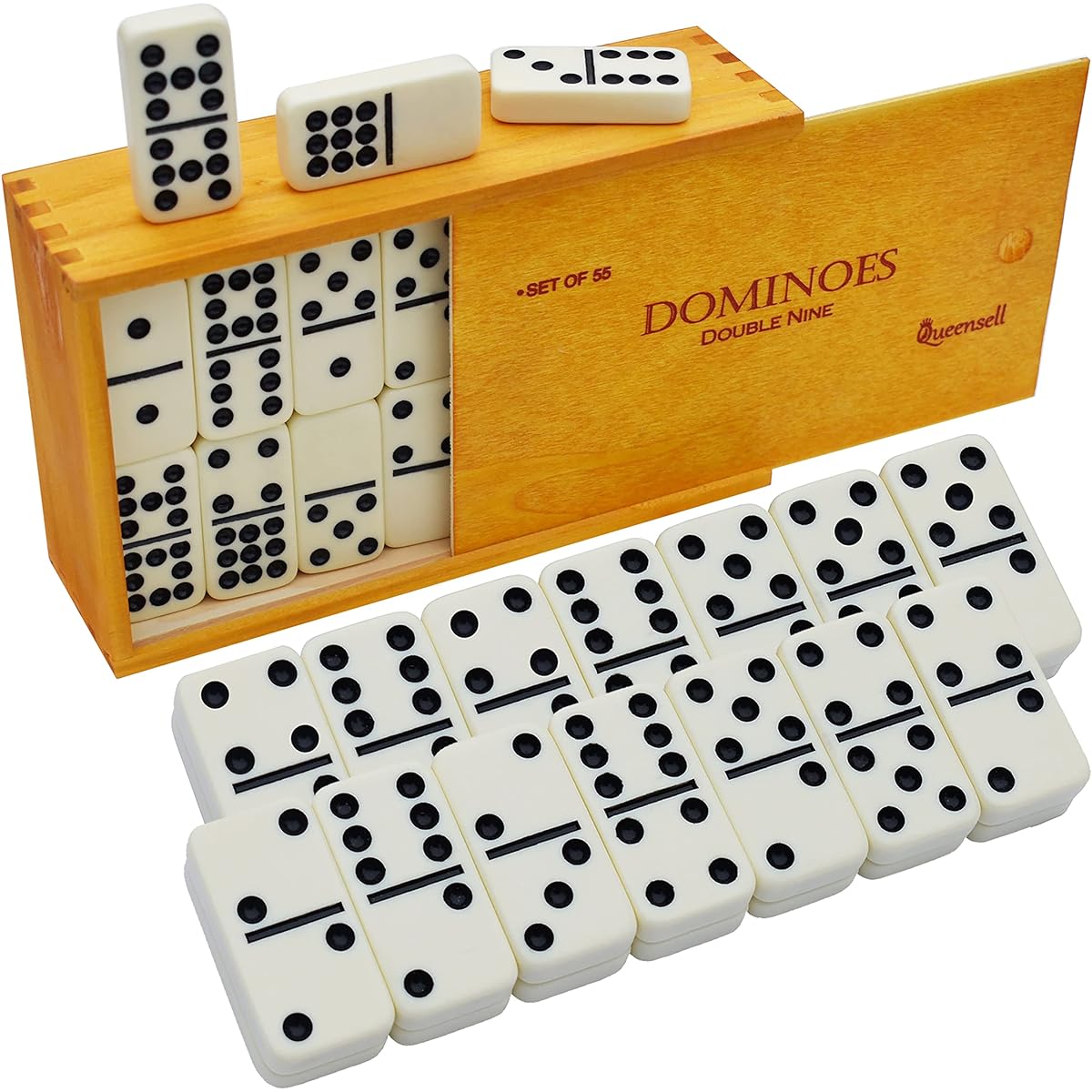 Domino Set for Adults, Families, and Kids Ages 9+ - Double Nine Domino Set for Classic Board Games - Domino Set for Family Games - Double Nine Domino Set with 55 Tiles and Wooden Case
