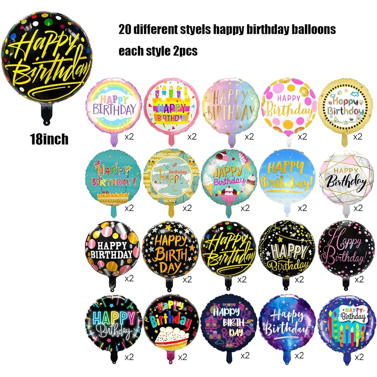 40pcs Happy Birthday Balloons 18 Inch Round Foil Mylar Balloons Birthday Party Decoration Supplies with 20 Different Patterns