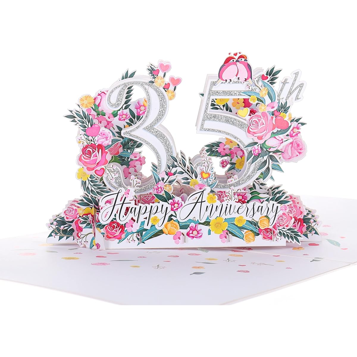 iGifts And Cards Happy 35th Milestone Anniversary 3D Pop Up Greeting Card - Perfect Couple, Elegant Wedding, Marriage, Romantic, Being Together, Coral Congratulations, Love Bird, Love 'N Happiness