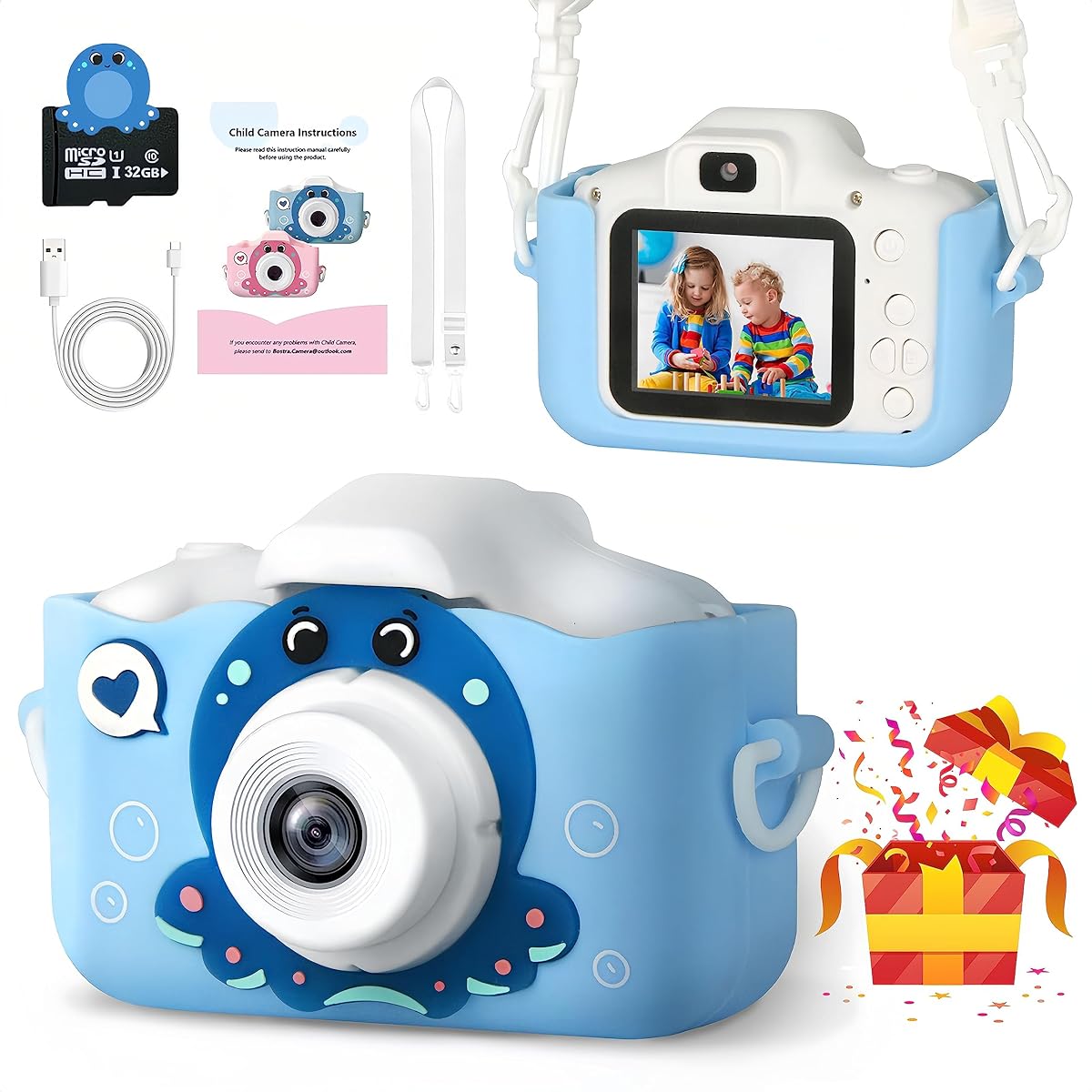Bostra Upgraded Kids Camera for Girls/Boys Octotoy Camera for Toddlers 3-12 Years Old HD Kids Digital Camera for Birthday/Christmas/Festival Gift/Boys (Blue)