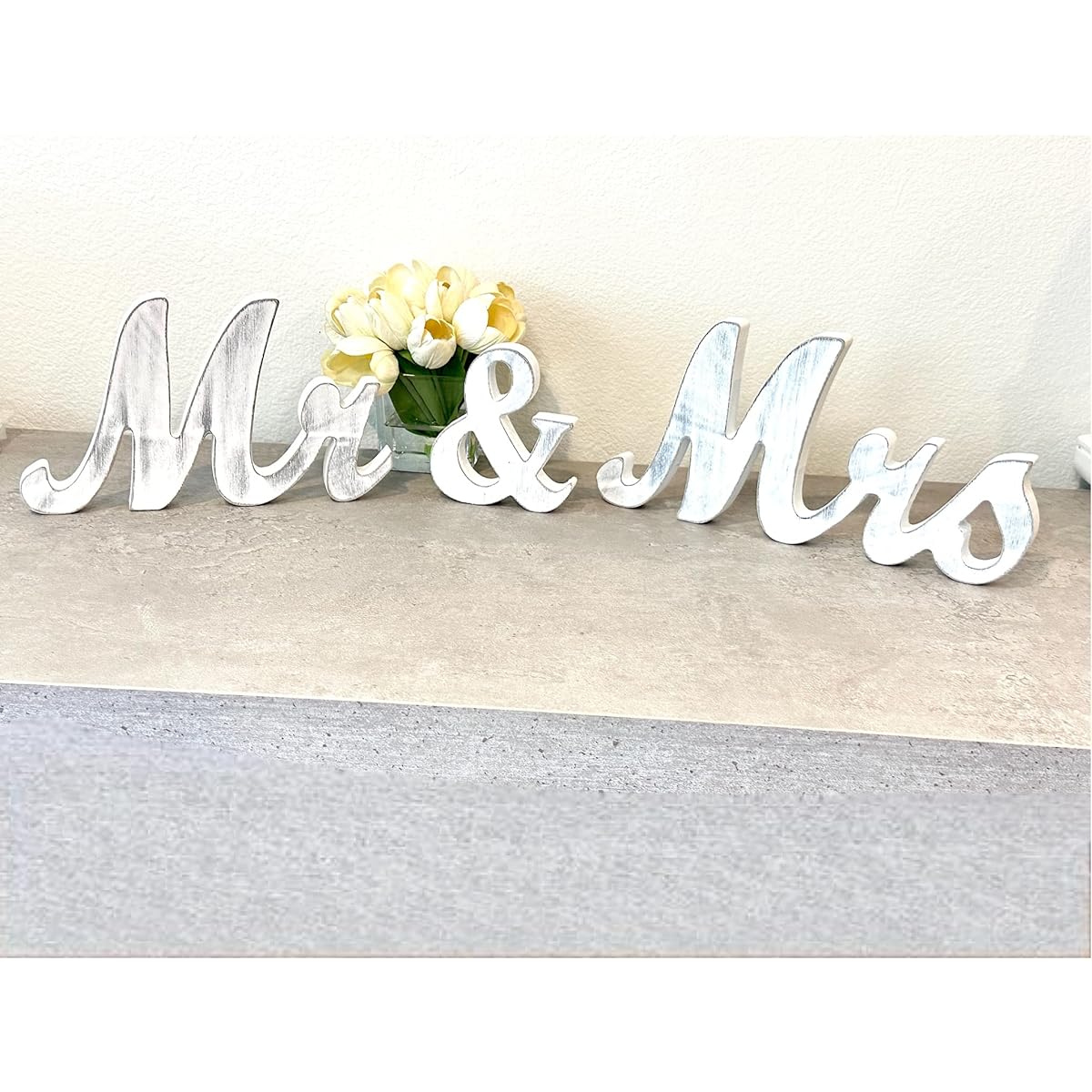 Mr & Mrs Wooden Sign Wedding Decoration Wooden Letters for Bride & Groom Reception Head Table Couple Centerpiece Engagement & Bridal Shower Party Wedding Cake Table (Rustic White)
