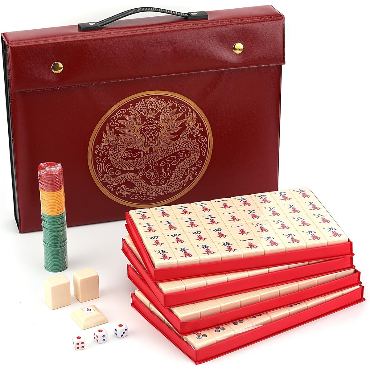 Mose Cafolo Chinese Mahjong Game Set 1.5" XL 144 Number White Ivory Color Melamine Tiles with Carry Travel Case Majiang Majong Mahjong Game Set