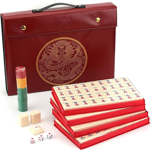 Mose Cafolo Chinese Mahjong Game Set 1.5" XL 144 Number White Ivory Color Melamine Tiles with Carry Travel Case Majiang Majong Mahjong Game Set