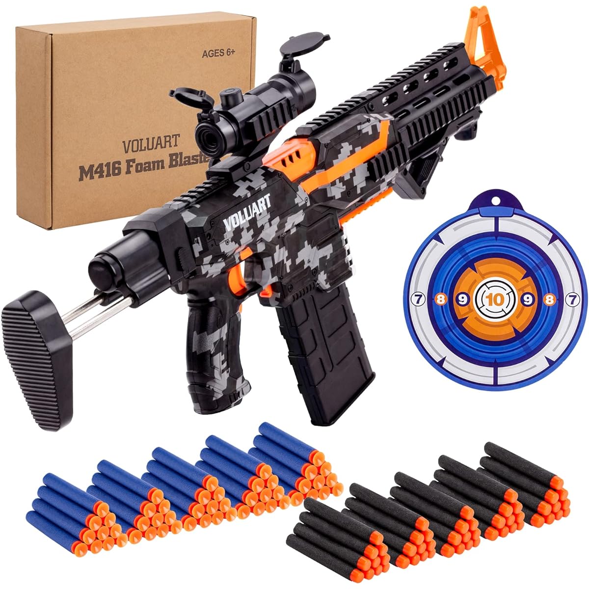 Voluart Electric Automatic Toy Gun for Nerf Bullets, Soft Dart Gun with Scope and 100 Refill Darts for Boys and Girls Ages 12+ (Black)