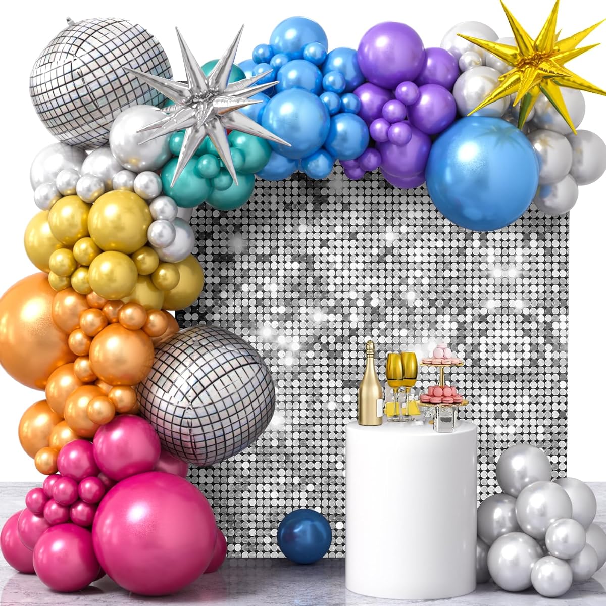 Winrayk Disco Party Decorations Birthday Supplies Metallic Disco Balloon Garland Arch Kit Silver Shimmer Wall Backdrop Starburst Disco Ball Balloons for Adults 70s 80s 90s Disco Theme Party Decorations
