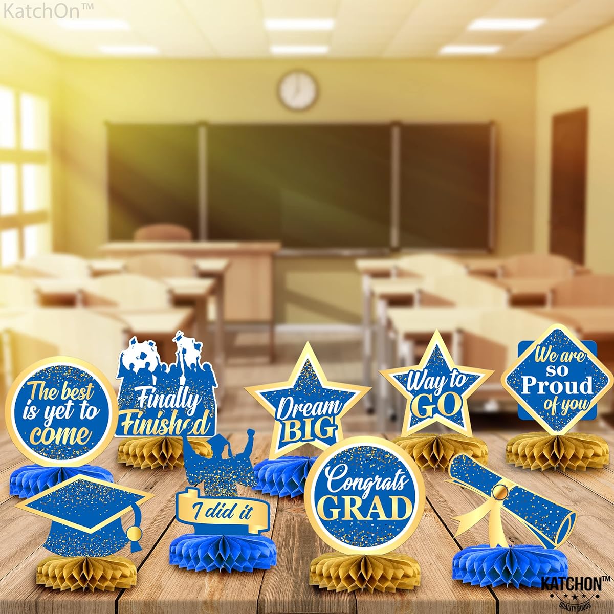 KatchOn 2024 Table Graduation Centerpieces Blue and Gold 9-Pack | Congrats Grad Honeycomb Centerpieces | Graduation Centerpieces 2024 Blue and Gold Graduation Decorations Class of 2024