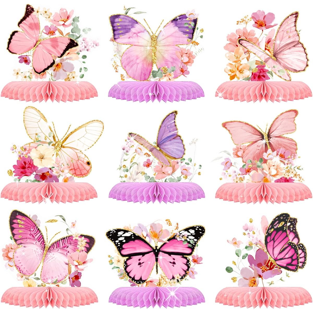 AOBKIAT 9 Pack Butterfly Party Decorations - Glitter Honeycomb Centerpieces with Pink Flowers for Birthday, Baby Bridal Shower, Wedding, Engagement, Gender Reveal