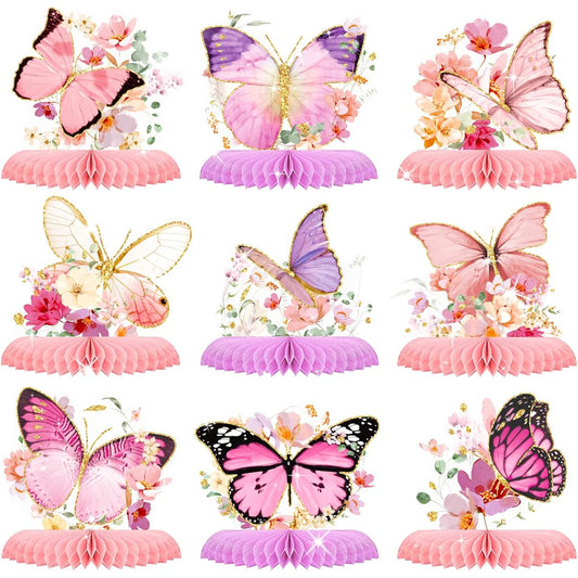 AOBKIAT 9 Pack Butterfly Party Decorations - Glitter Honeycomb Centerpieces with Pink Flowers for Birthday, Baby Bridal Shower, Wedding, Engagement, Gender Reveal