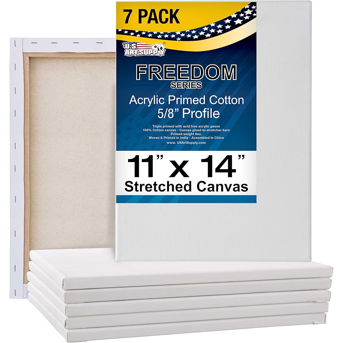 US Art Supply 11 x 14 Inch Super Value Quality Acid Free Stretched Canvas 7 Pack - 5/8 Profile Prime Gesso (7 Canvases Included)