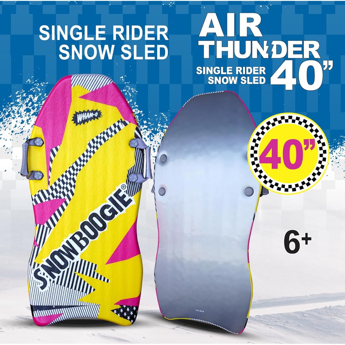 Snowboogie Wham-O Air Thunder 40" | Single Rider Snow Sled with Side Handle | PE Foam Core for Better Comfort | Snow Sled for Adults & Kids (40")