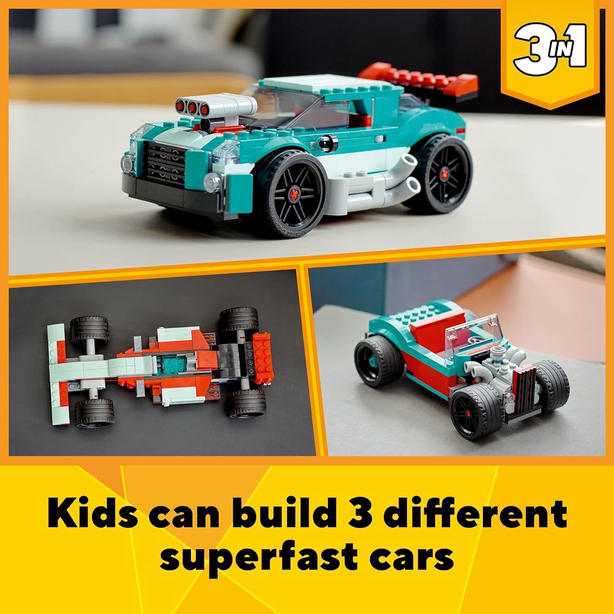 LEGO Creator 3in1 Street Racers 31127 Building Kit Features Muscle Cars, Hot Rod Car Toys and Race Cars; Car Models for Kids Ages 7+ Love Creative Fun and Fast-Paced Action (258 Pieces)