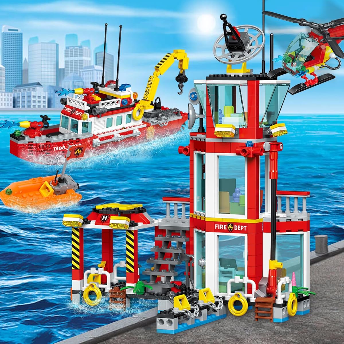 SATHIBI City Fire Department Building Set Marine Fire Department Rescue Helicopter Airplane Boat Cruiser STEM Role Play Toy Gift for Kids Boys Girls 6-10 Years (779 Pieces)