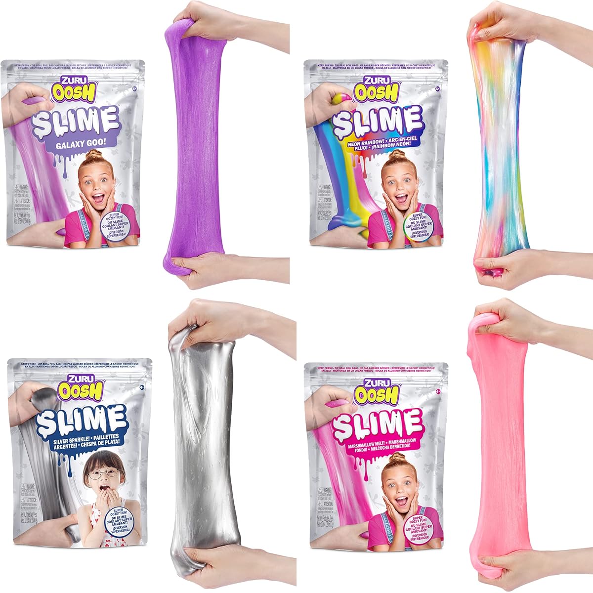 Oosh Slime Medium Foil Bags 500g (4 Pack) ZURU Gooey Slime Epic Stretch Slime for Girls and Kids (Rainbow, Pink, Purple, Silver)