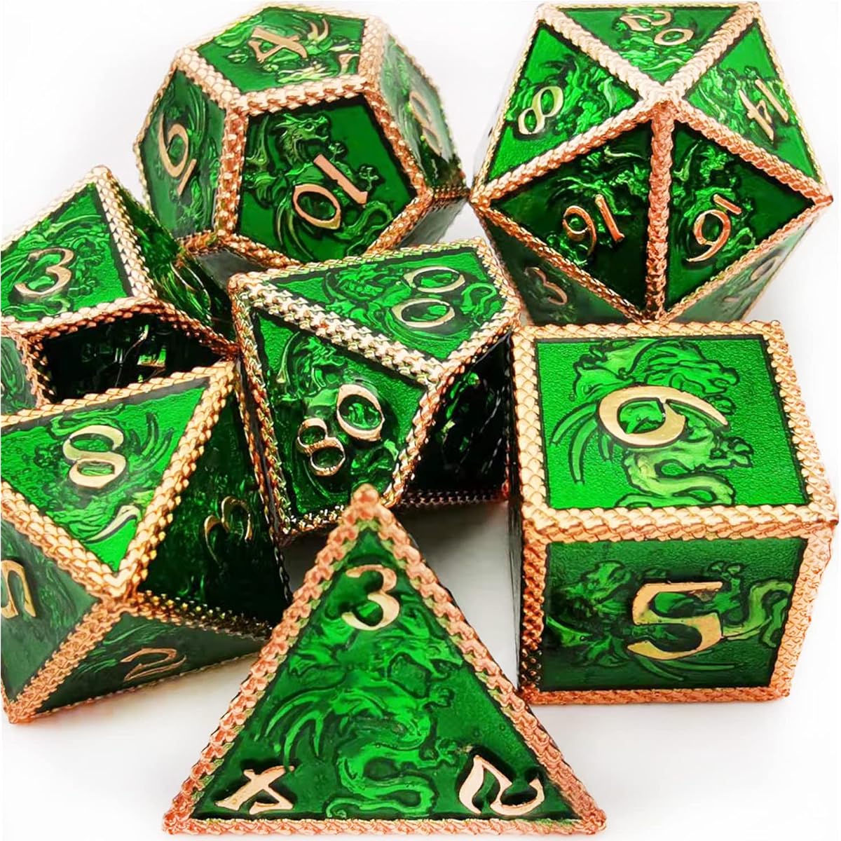 HAOMEJA Dragon Metal Dice DND 7 Set Dice Role Playing Dice D&D Dungeons & Dragons Red Copper Green