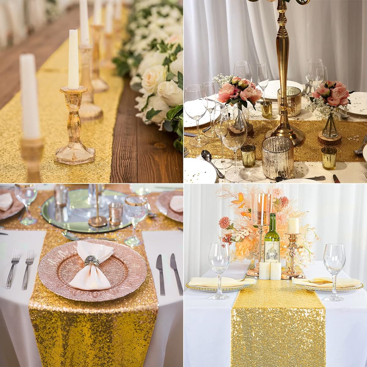 MENGQ Gold Table Runner 12"x108", Pack of 10, Sequin Table Runners Party Decorations, Sparkly Table Linens Runners, Sparkly Dinner Party Supplies for Baby Shower, Holiday Celebration