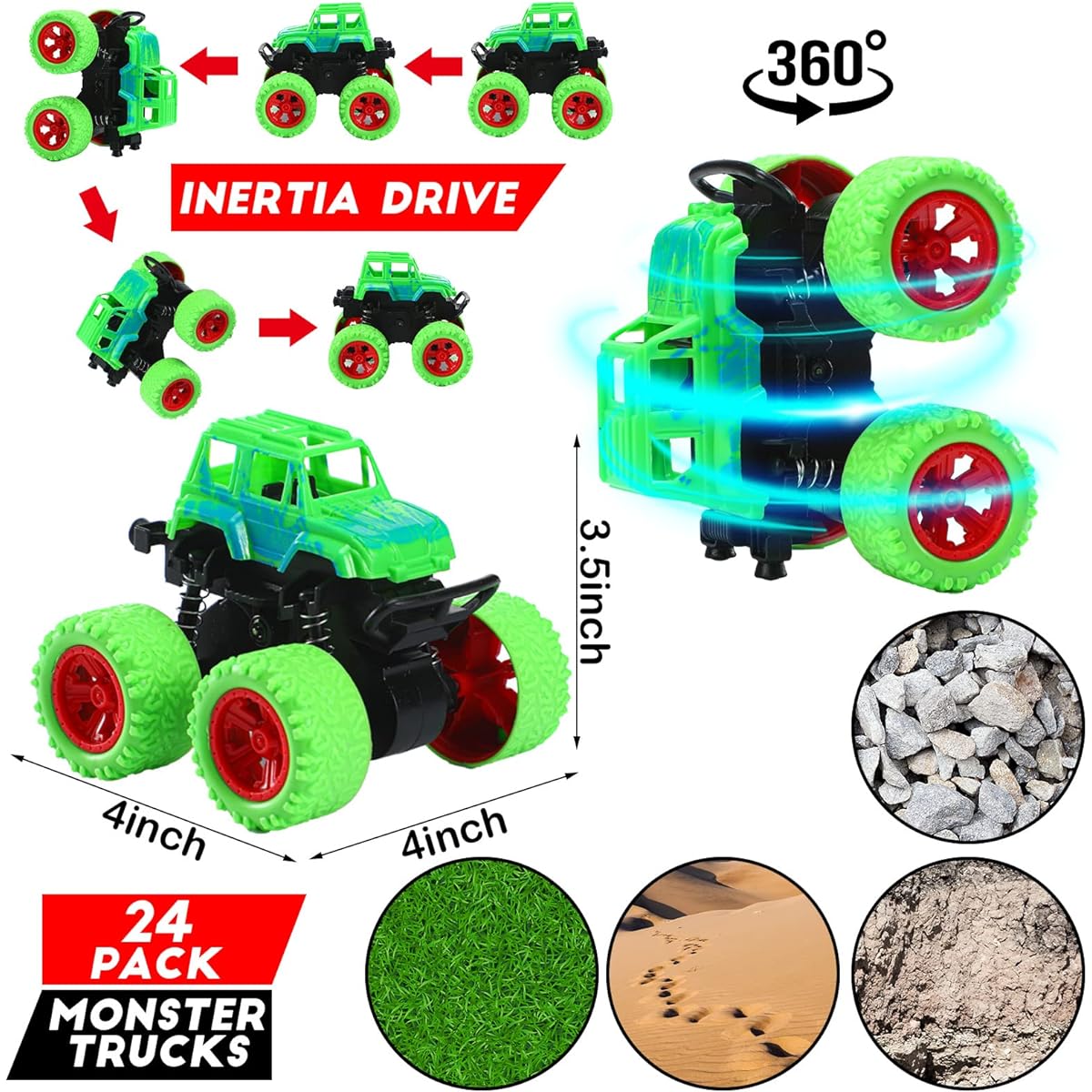 24 Pack Truck Toy Car Friction Pull Back Vehicle Car Mini 360 Degree Rotation 4 Wheel Drive Car Toy Set Birthday Party Gift for Ages 3+