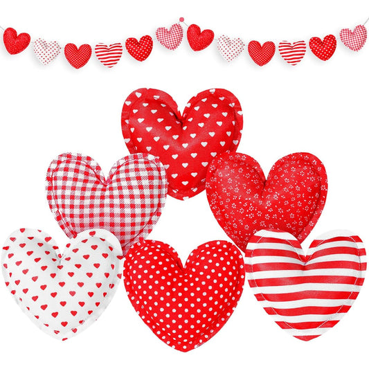 18pcs Valentine's Day Heart Ornaments 3.5 Inch Fabric Valentine Hanging Decor Heart Shaped Hanging Bauble Stripe Polka Dot Heart Ornaments with 6.5 Feet Rope Craft Wedding Party DIY (Heart)