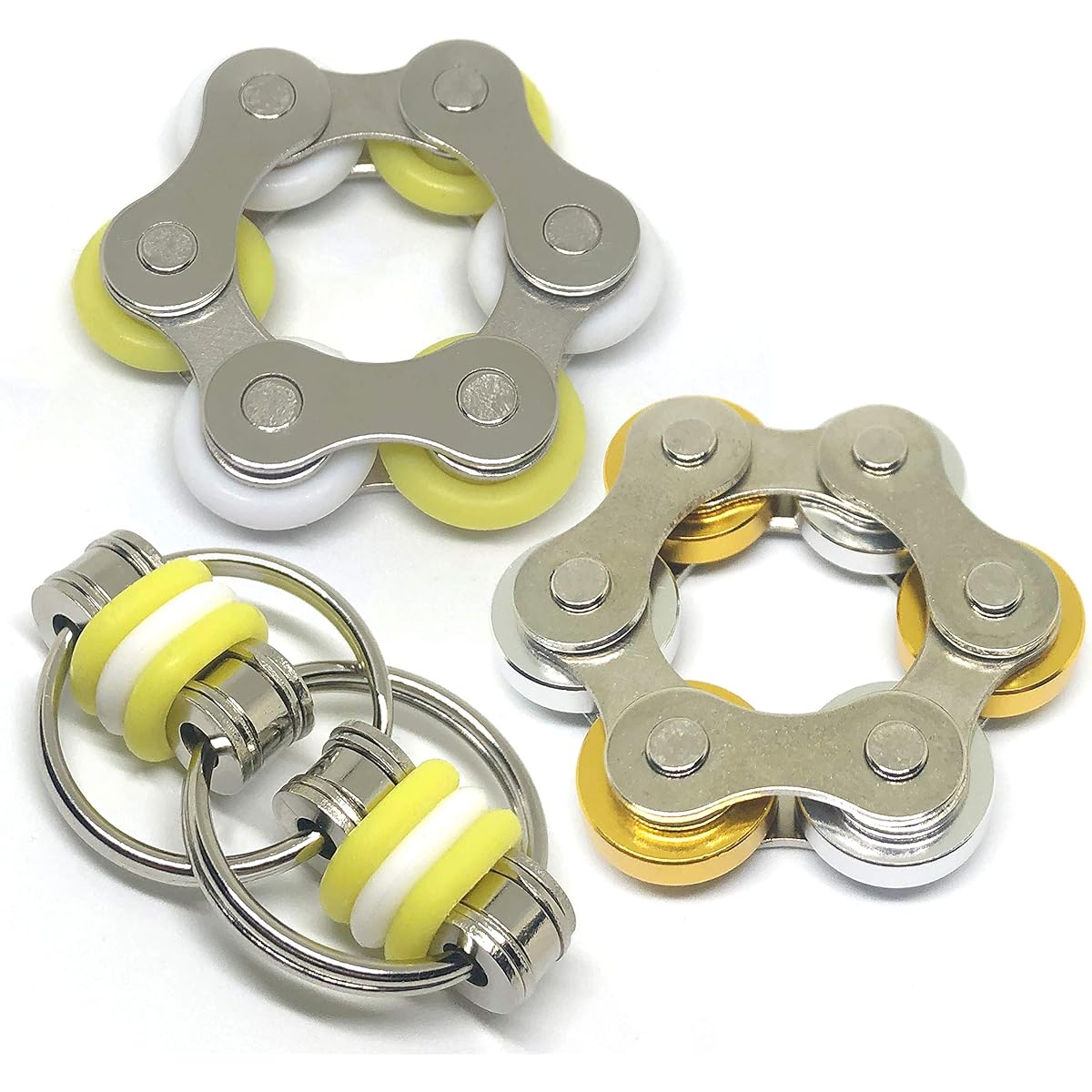 Fidget Flippy Roller Chain Toy with Metal and Silicone Rings - Great for Stress Relief ADHD ADD Anxiety Office Anxiety School Stocking Stuffers Gifts (Yellow, White)