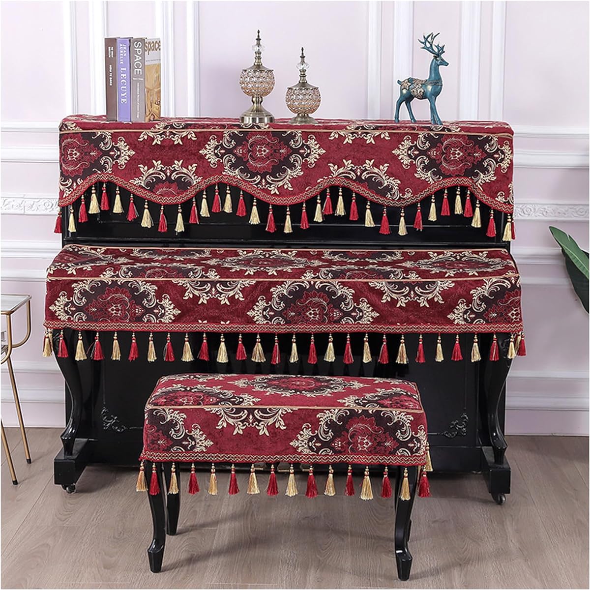 European style piano cover with tassels, single piano stool cover, piano dust cover 3-piece set, soft, non-slip, gift for family, easy to use (Color: B)
