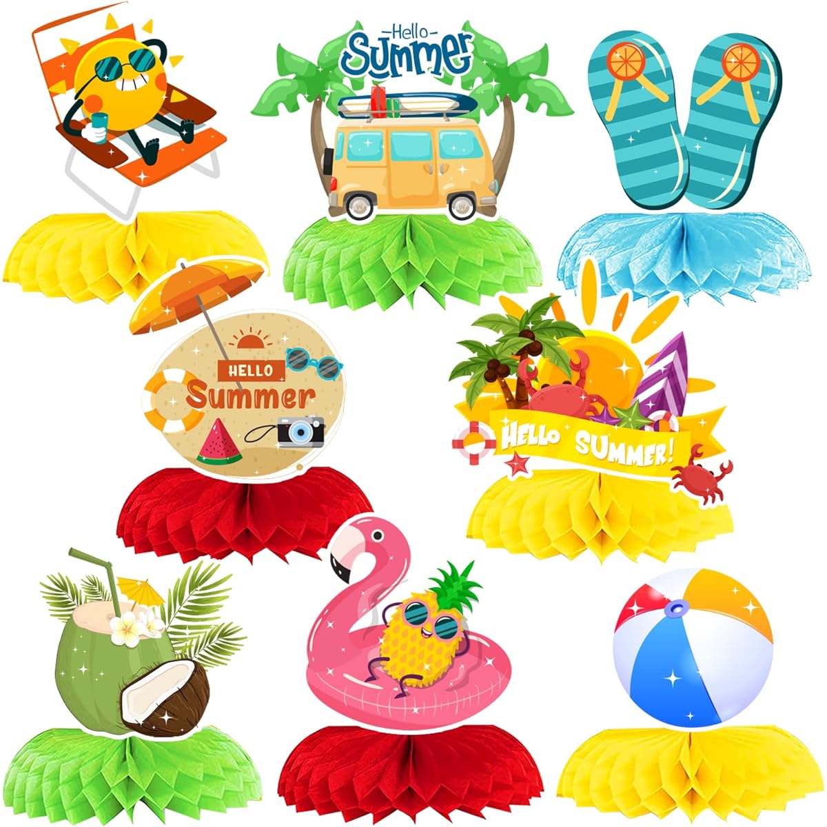 Obookey Hawaii Summer Party Decorations Honeycomb Centerpieces Tropical Style Hello Summer Honeycomb Summer Pool Beach Table Centerpieces Summer Beach Pool Party Favors Supplies 8pcs