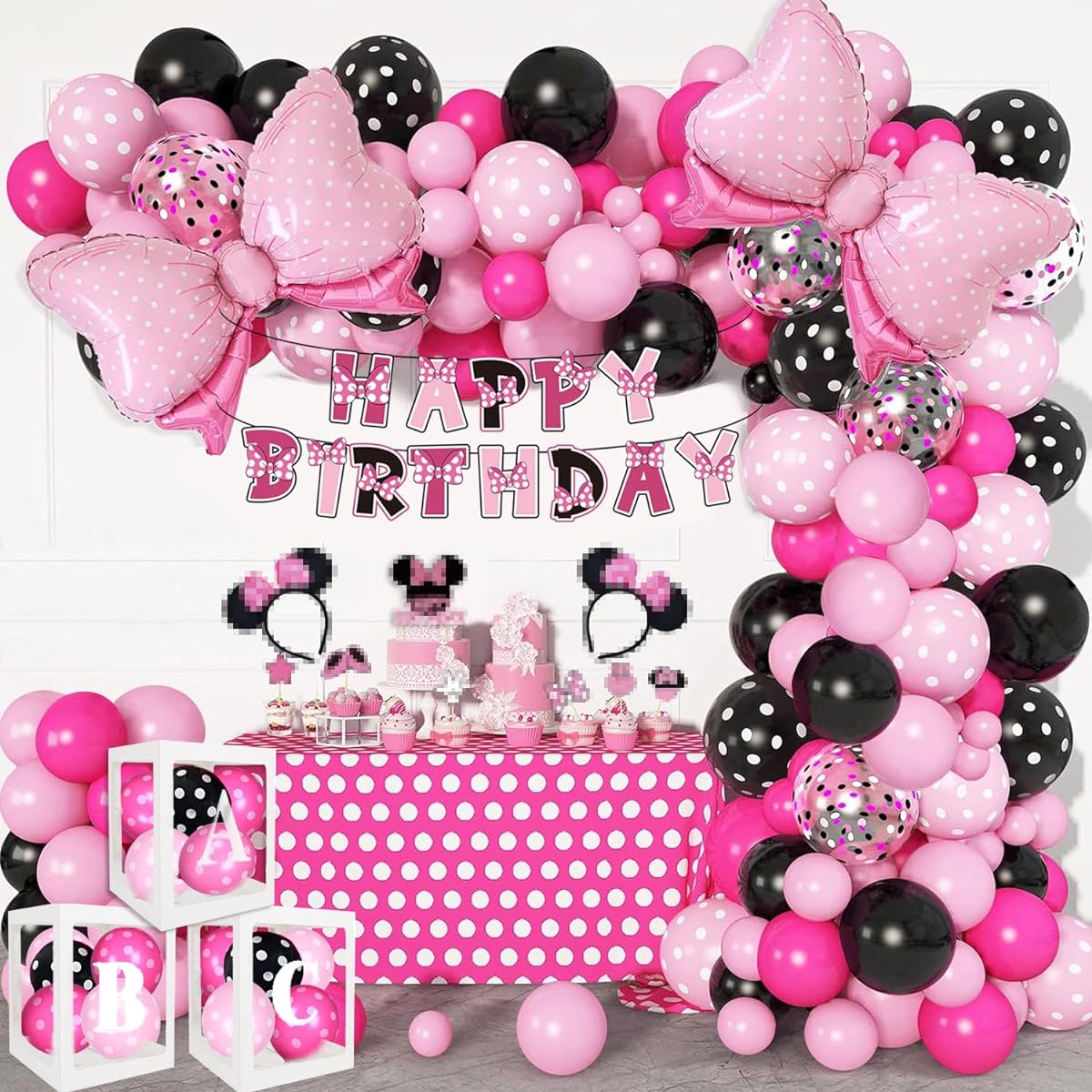 Pink Mouse Birthday Party Supplies - Pink Mouse Balloon Garland Arch Kit Cartoon Mouse Theme Birthday Party Decorations for Girls Pink Ribbon Foil Balloons and Banner Baby Shower Party Supplies