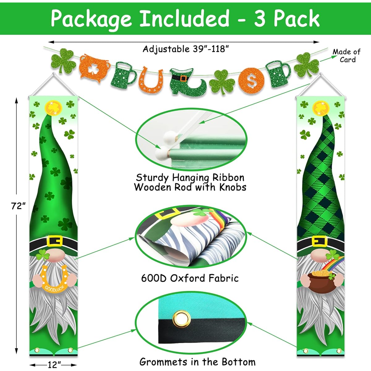 St. Patrick's Day Decorations Outdoor 3 Pack Green Gnome Welcome Banner Porch Sign with Glitter Garland Banner Irish Shamrock St. Patrick's Day Decor for Home Party Door Tree Classroom Office