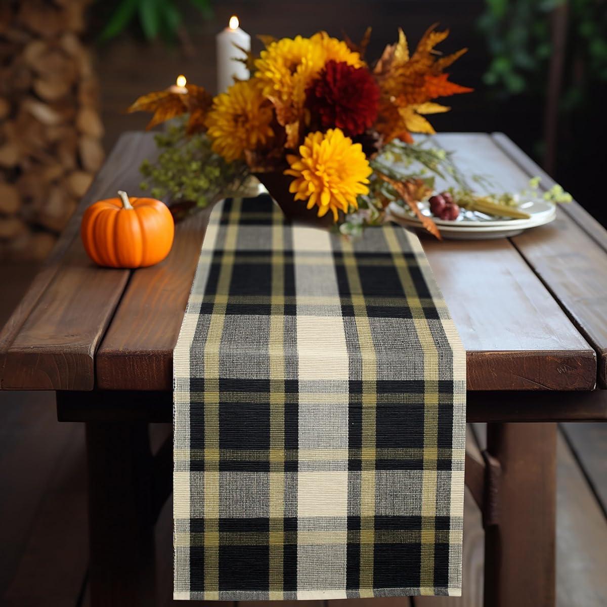 COTTON CRAFT Rustic Checkered Table Runner - 100% Cotton Table Runner - Halloween Harvest Fall Thanksgiving Holiday Christmas Xmas Celebration Dining Party Tabletop Settings - 14x72 Black Gold