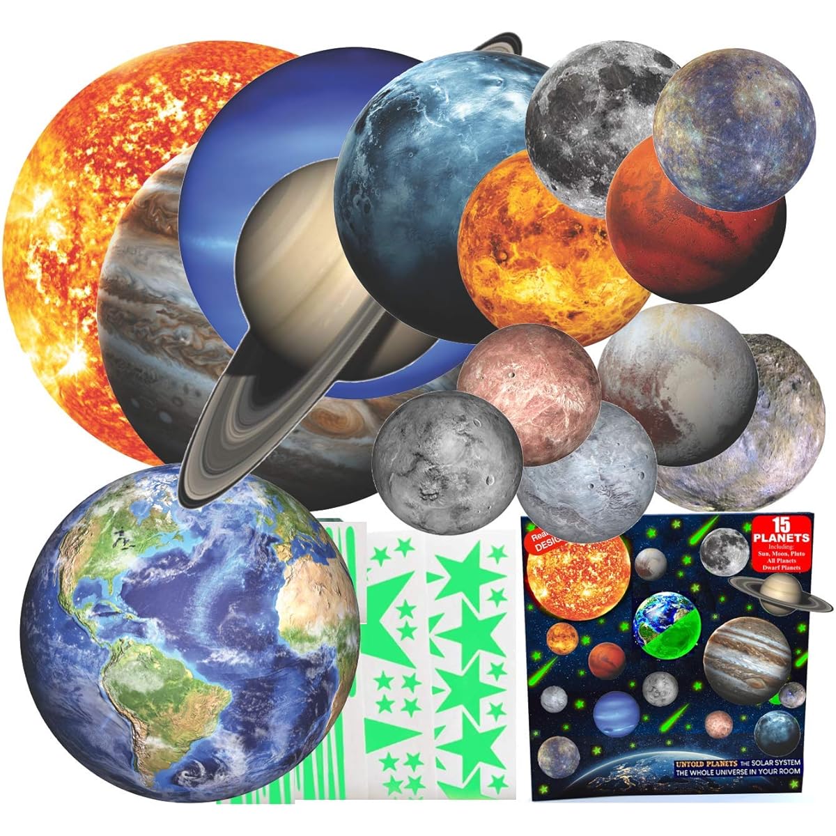 Glow in the Dark Planets and Stars 3D Realistic Ceiling Solar System Wall Stickers All Luminous Planets Dwarfs Exoplanets Pluto Moon Sun Shooting 200+ Stars (15 Planets 200 Stars)