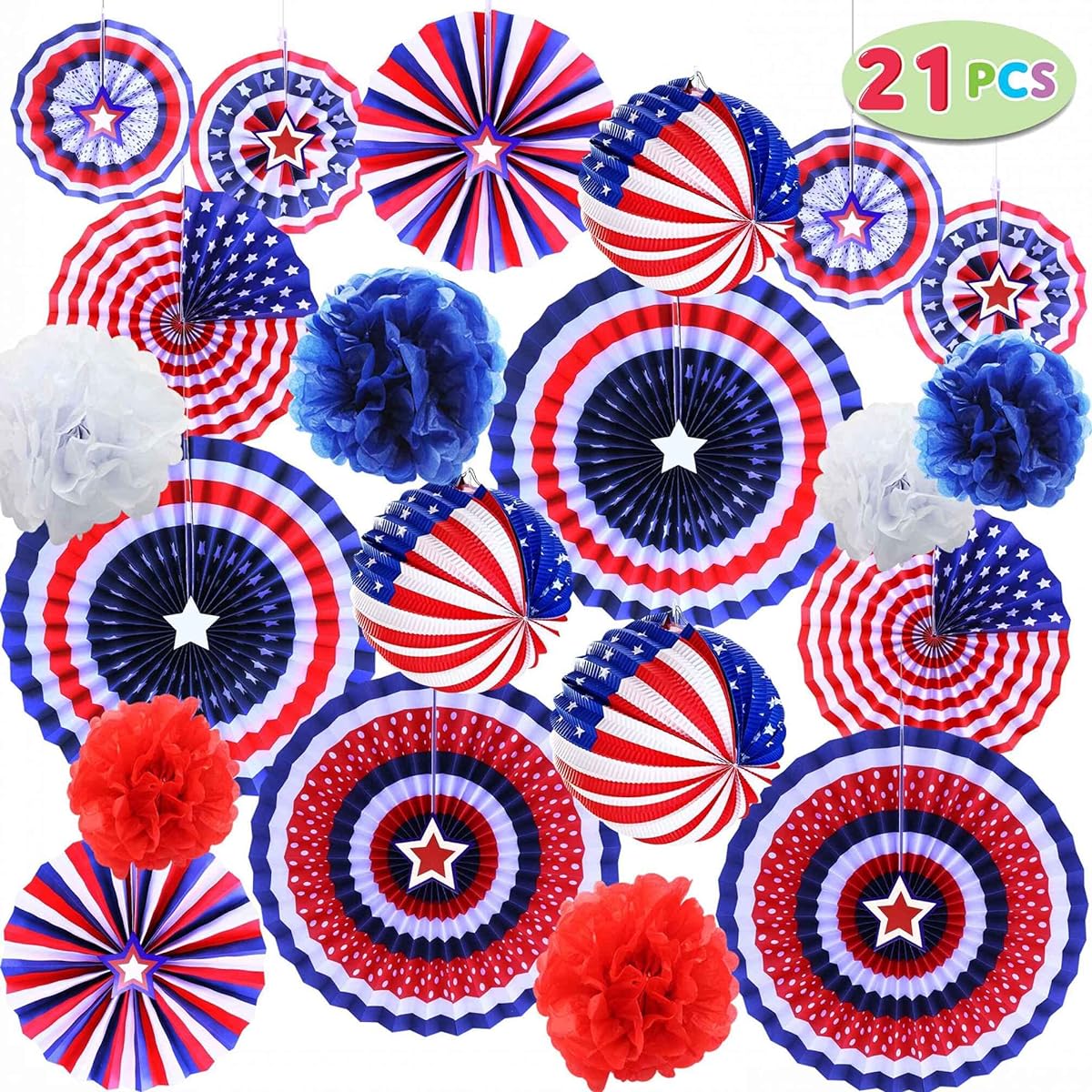 JOYIN Patriotic Party Supplies 21PCS Paper Fans, 12PCS Pom Poms, 6PCS American Flag Balls, 4th of July Party Favors for Independence Day, Memorial Day, Veterans Day, Patriotic Party