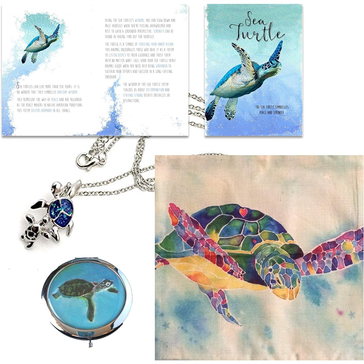 Smiling Wisdom - Sea Turtle Spirit Animal Guide Greeting Card Necklace Compact Mirror Pillow Case Gift Set - Women - Blue Fire Opal (Sea Turtle Deluxe)