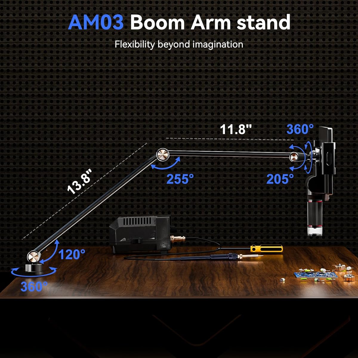 TOMLOV Flexible Arm Digital Microscope Stand AM03 Cantilever Stand Upgraded Suspension Boom Scissor Arm Stand with Microscope Clip for Soldering Microscope DM601 DM201 DM501