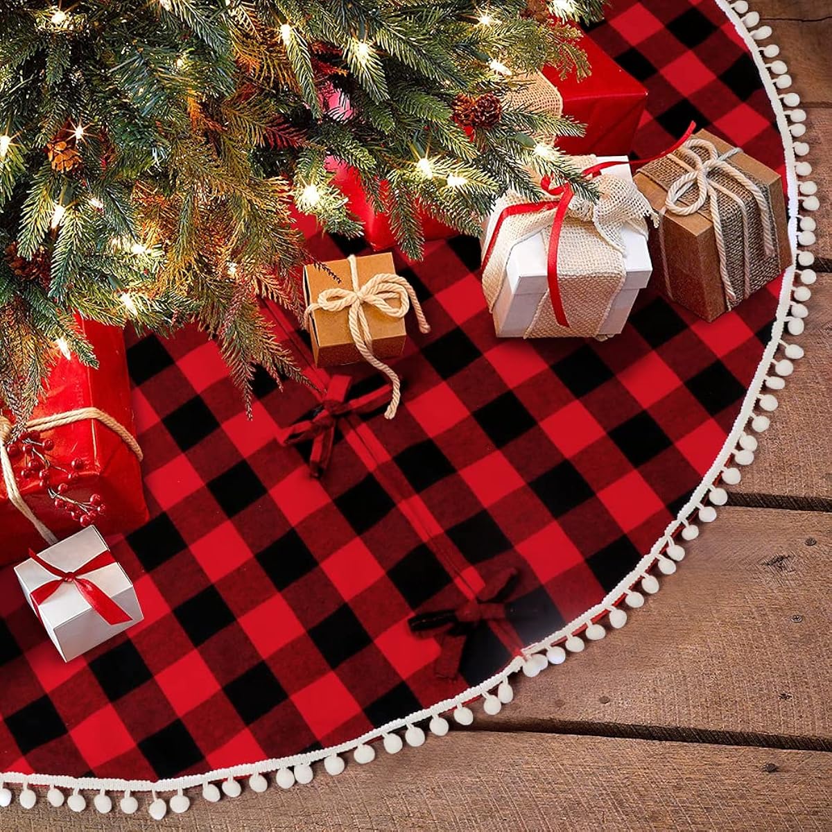 PartyTalk Christmas Tree Skirt, 48" Red & Black Buffalo Plaid Tree Skirt with Pompom Trim for Holiday Christmas Decorations, Double Layer Christmas Tree Skirt